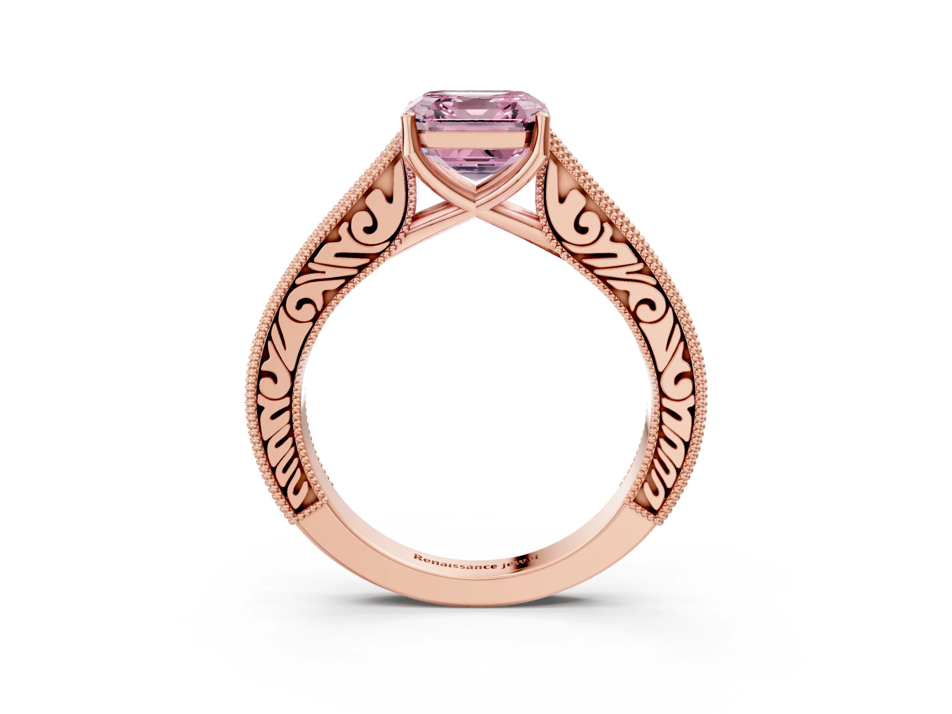 Rose gold Fancy Pink Asscher Cut Cut Pave Band Milgrain Solitaire Ring_3