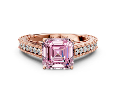 Rose gold Fancy Pink Asscher Cut Cut Pave Band Milgrain Solitaire Ring
