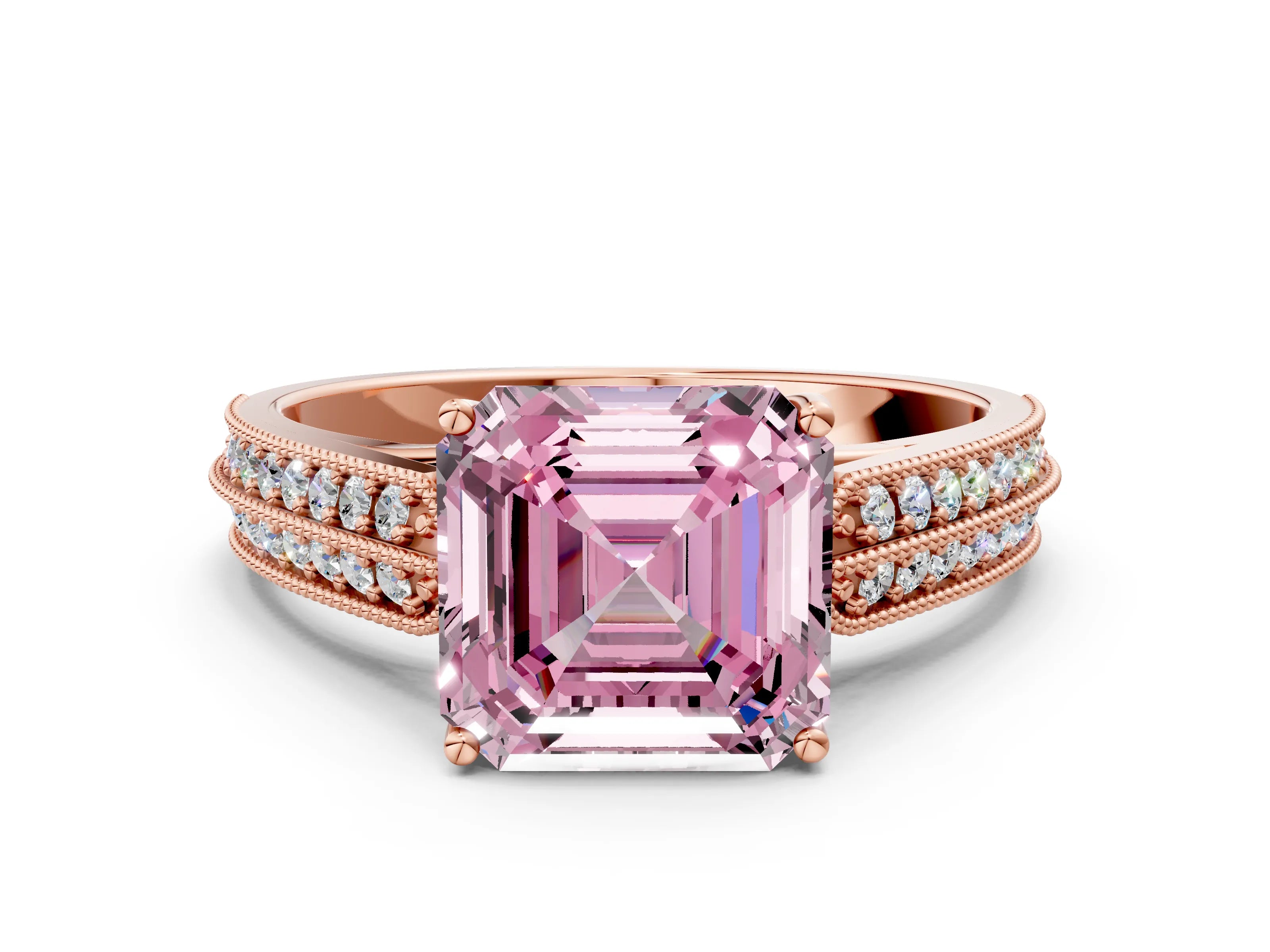 Rose gold Fancy Pink Asscher Cut Cut Pave Split Shank Engagement Ring with Four-Prong Setting