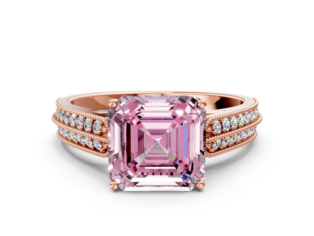 Rose gold Fancy Pink Asscher Cut Cut Pave Split Shank Engagement Ring with Four-Prong Setting