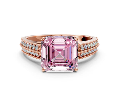 Rose gold Fancy Pink Asscher Cut Cut Pave Split Shank Engagement Ring with Four-Prong Setting
