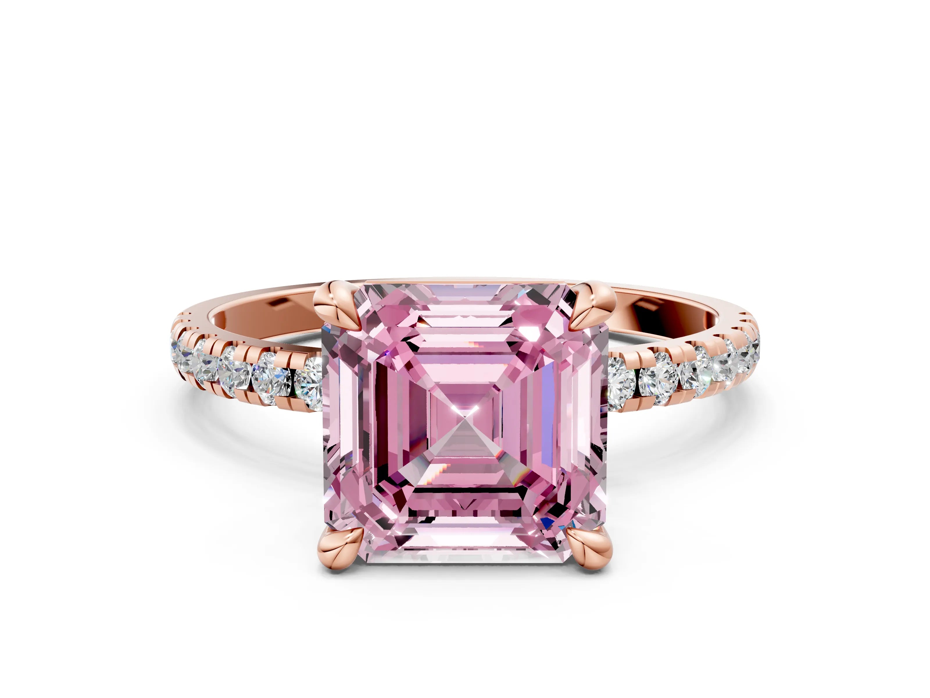 Rose gold Fancy Pink Asscher Cut Diamond Brilliant Solitaire Ring with Pavé Band and Four-Prong Setting