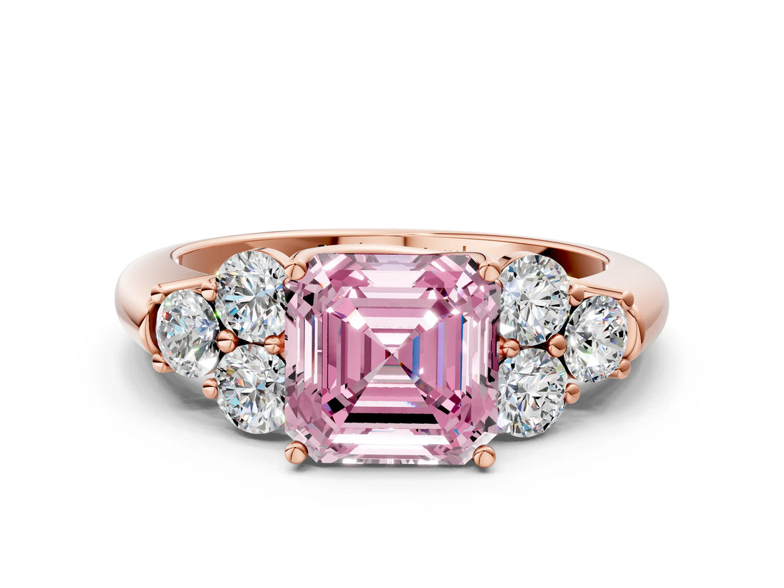 Rose gold Fancy Pink Asscher  Cut Diamond Cluster Ring with Round Accent Stones and Prong Setting on a Classic Band_71