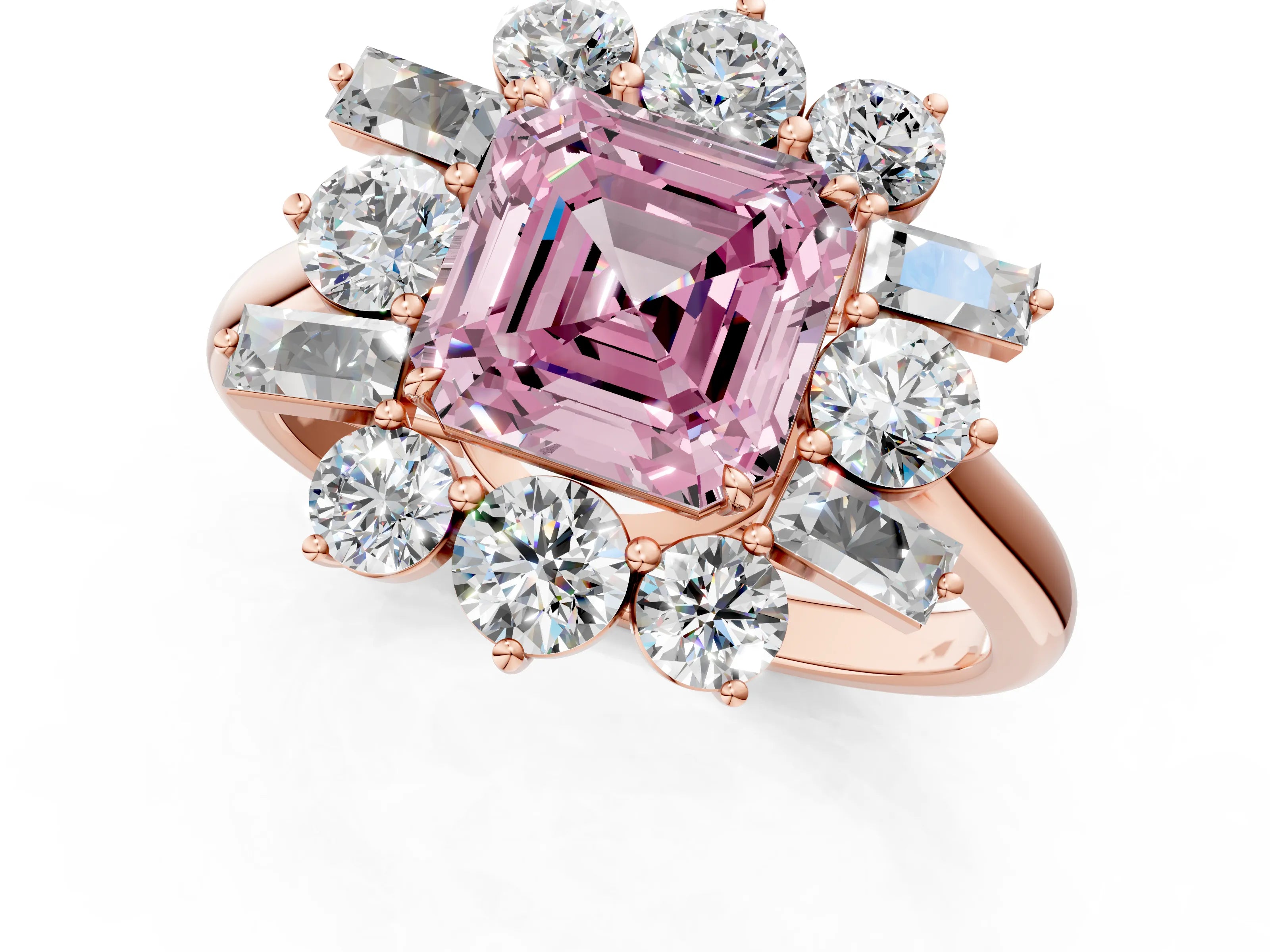 Rose gold Fancy Pink Asscher Cut Diamond Cluster Ring with Round and Baguette Stones, Split Shank Band, Prong Setting_1