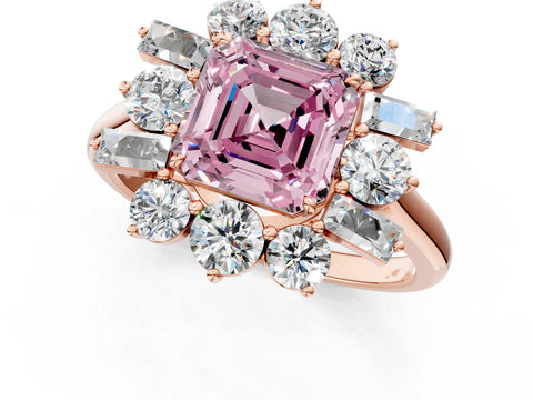 Rose gold Fancy Pink Asscher Cut Diamond Cluster Ring with Round and Baguette Stones, Split Shank Band, Prong Setting_1