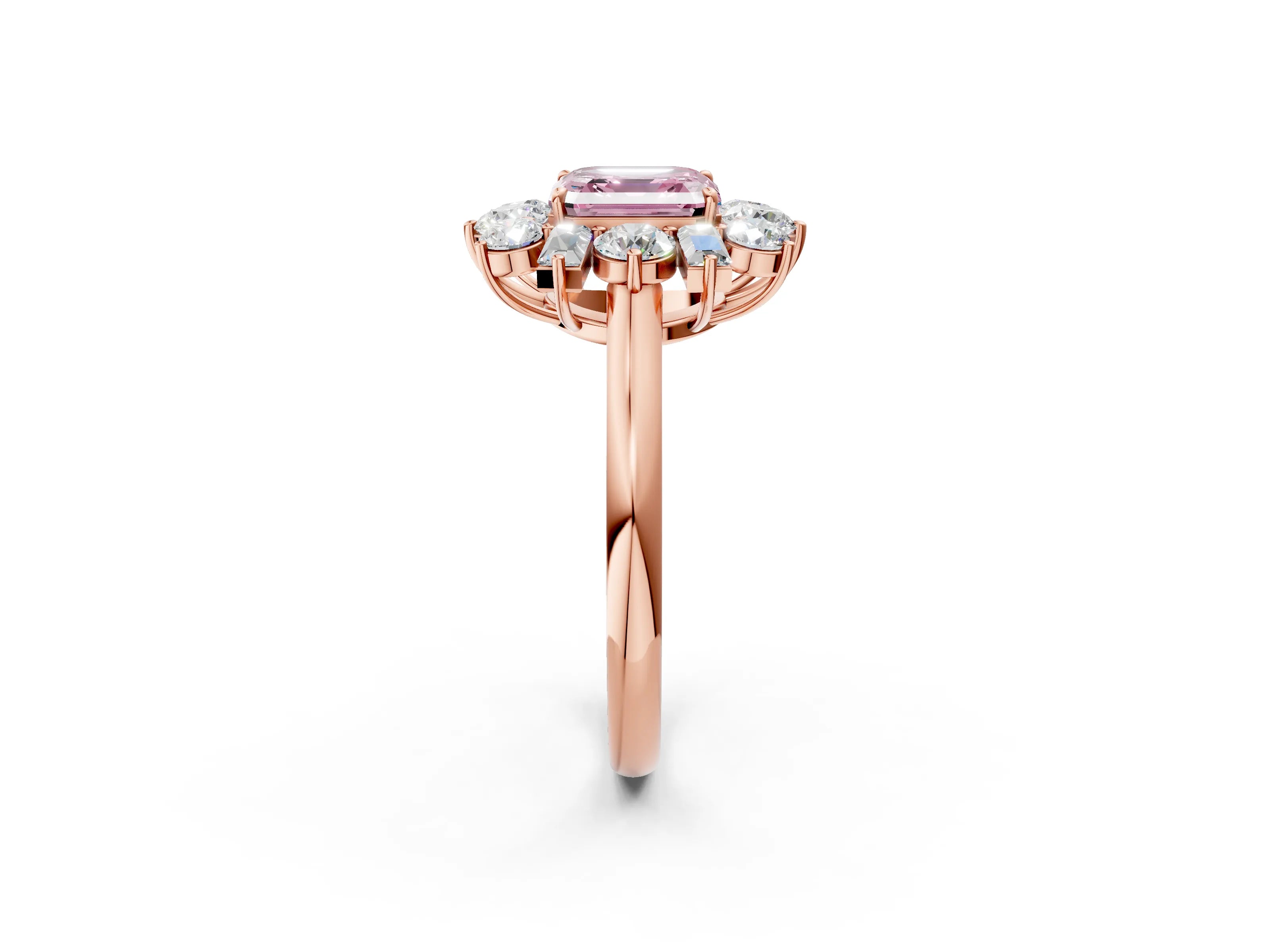 Rose gold Fancy Pink Asscher Cut Diamond Cluster Ring with Round and Baguette Stones, Split Shank Band, Prong Setting_2