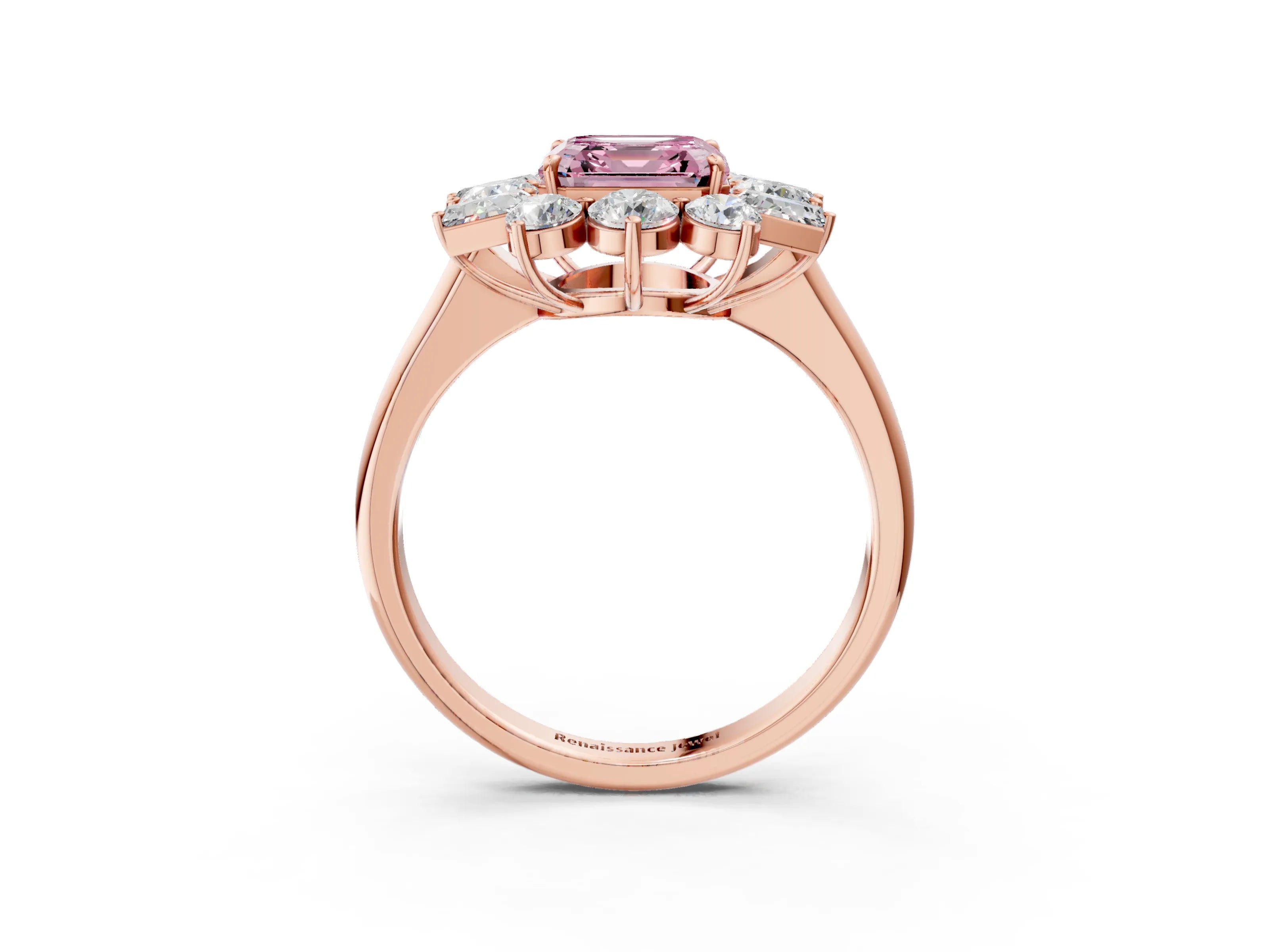 Rose gold Fancy Pink Asscher Cut Diamond Cluster Ring with Round and Baguette Stones, Split Shank Band, Prong Setting_3