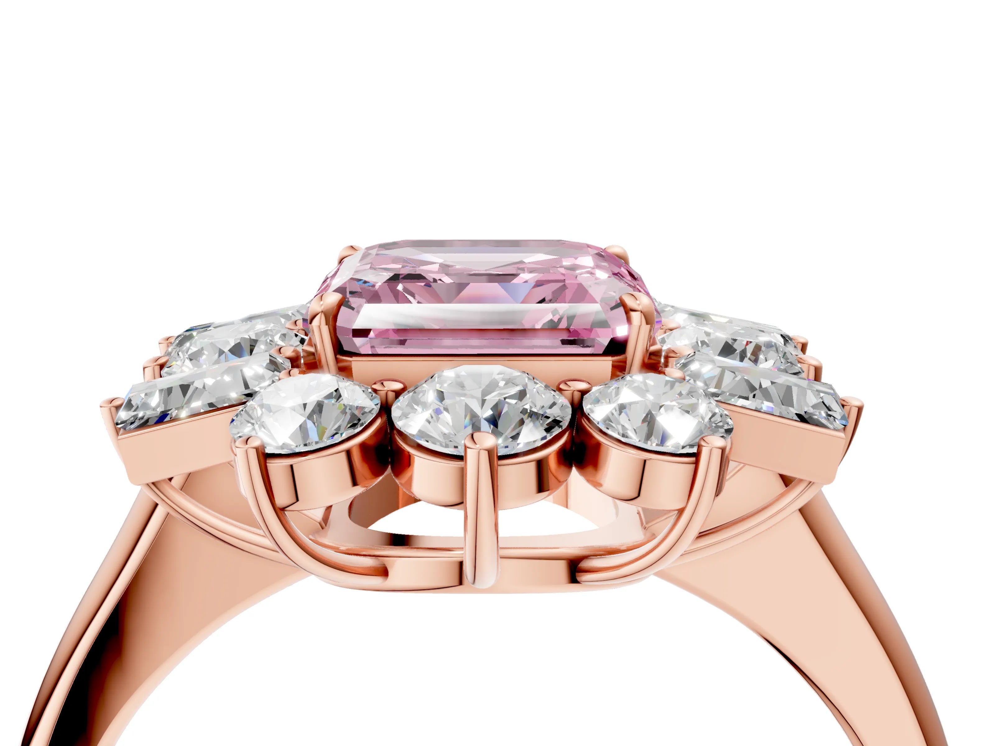 Rose gold Fancy Pink Asscher Cut Diamond Cluster Ring with Round and Baguette Stones, Split Shank Band, Prong Setting_4