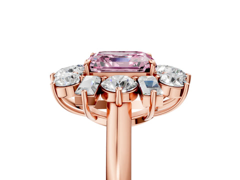 Rose gold Fancy Pink Asscher Cut Diamond Cluster Ring with Round and Baguette Stones, Split Shank Band, Prong Setting_5