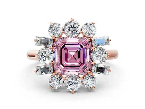 Rose gold Fancy Pink Asscher Cut Diamond Cluster Ring with Round and Baguette Stones, Split Shank Band, Prong Setting