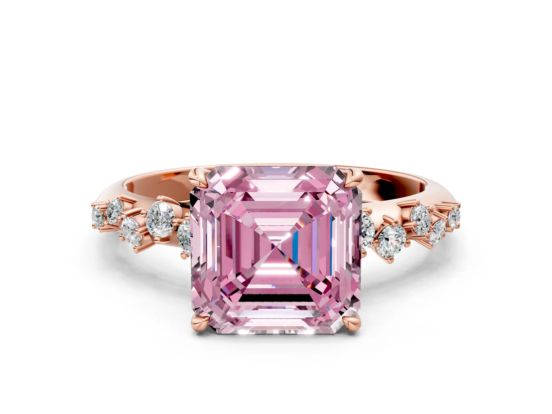 Rose gold Fancy Pink Asscher Cut Diamond Cluster Side Stone Solitaire Ring with Prong Setting_75
