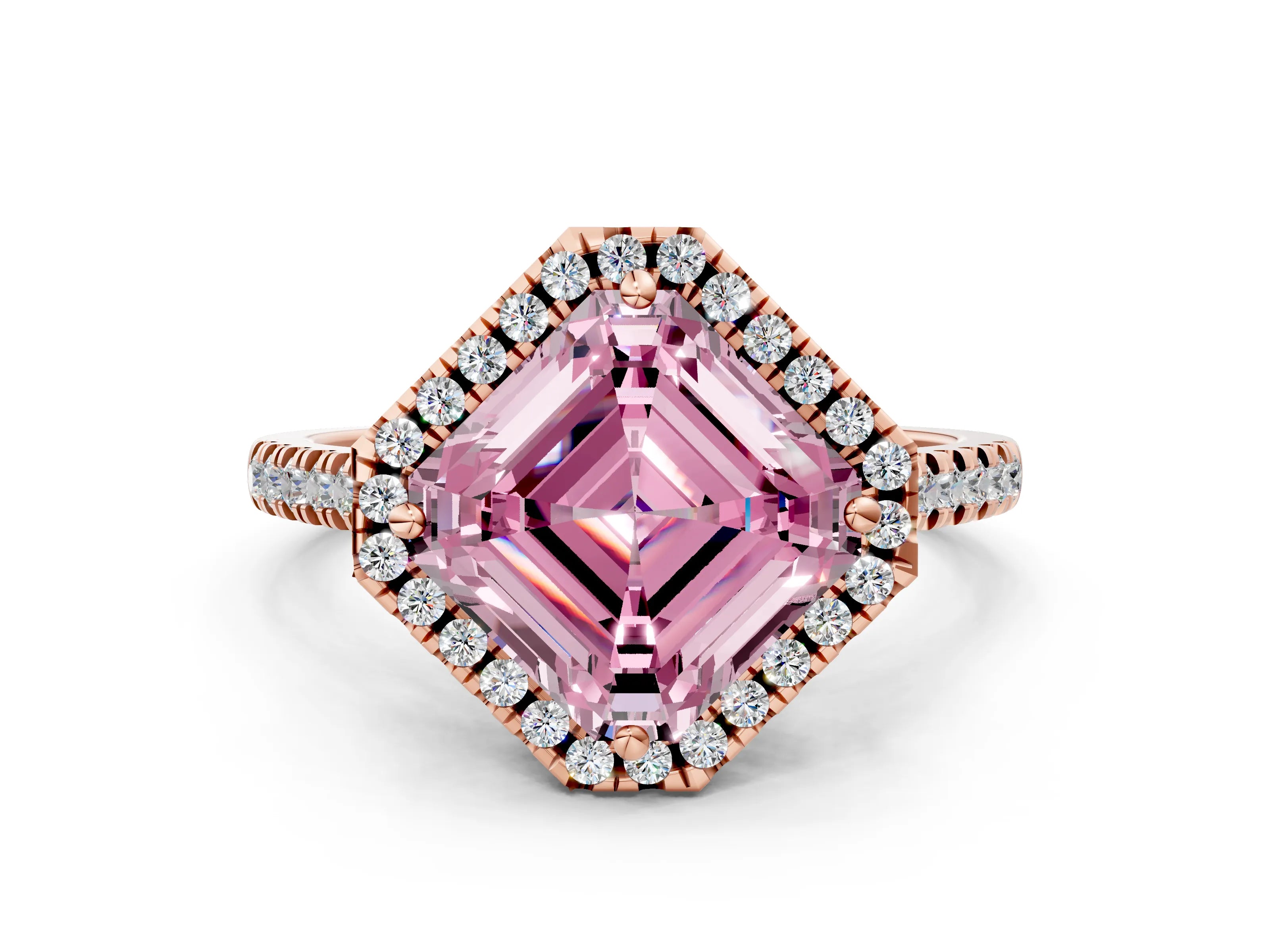 Rose gold Fancy Pink Asscher Cut Diamond Cushion Halo Ring with Pavé Band