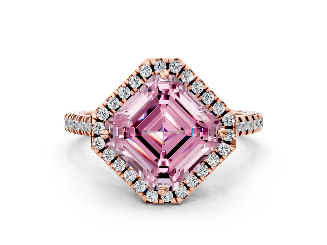 Rose gold Fancy Pink Asscher Cut Diamond Cushion Halo Ring with Pavé Band