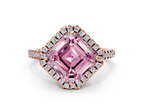 Rose Gold Asscher Cut Contoured Halo Pave Engagement Ring Setting for Fancy Pink Center