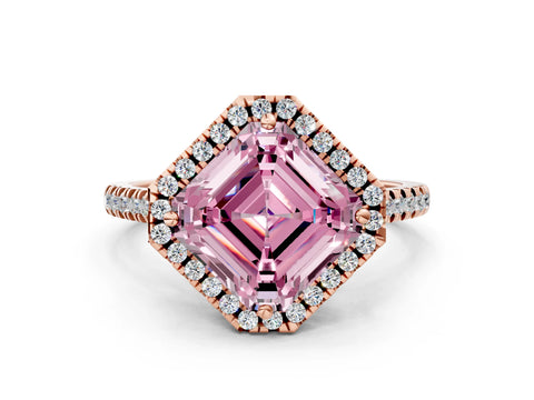 Rose gold Fancy Pink Asscher Cut Diamond Cushion Halo Ring with Pavé Band