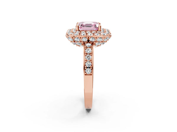 Rose gold Fancy Pink Asscher Cut Diamond Double Halo Ring with Pavé Band and Four-Prong Setting