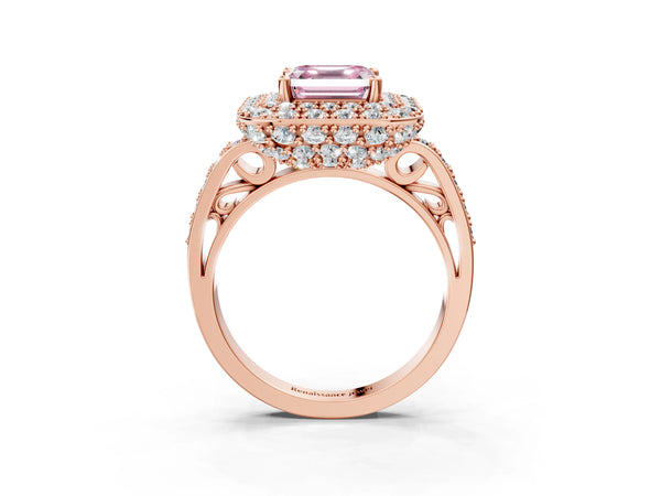 Rose gold Fancy Pink Asscher Cut Diamond Double Halo Ring with Pavé Band and Four-Prong Setting