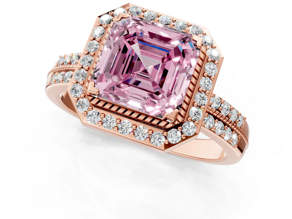 Rose gold Fancy Pink Asscher Cut Diamond Double Halo Ring with Split Shank and Four-Prong Setting
