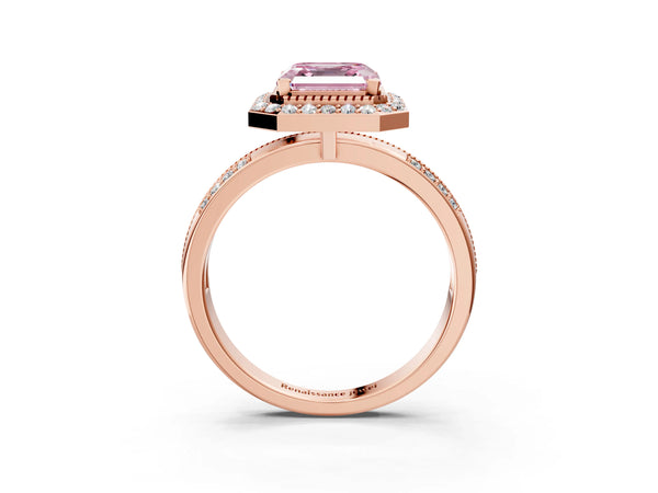 Rose gold Fancy Pink Asscher Cut Diamond Double Halo Ring with Split Shank and Four-Prong Setting