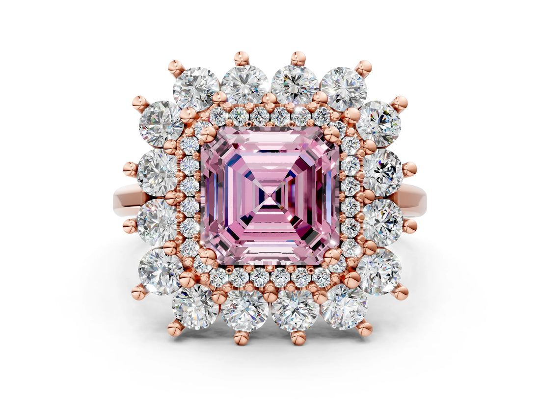 Rose gold Fancy Pink Asscher Cut Diamond Floral Double Halo Engagement Ring with Prong Setting
