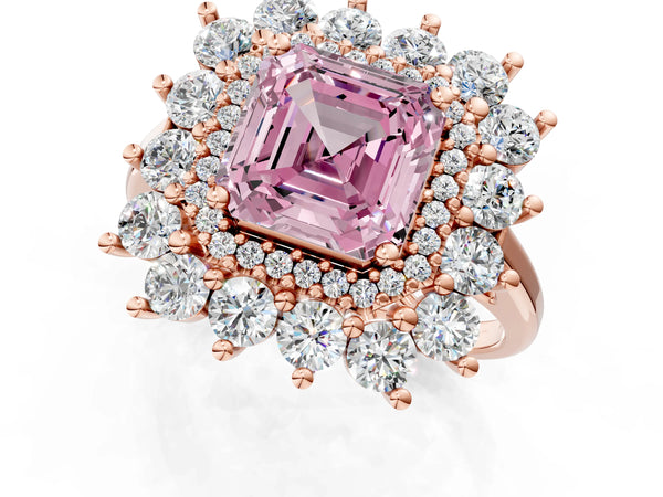 Rose Gold Asscher Cut Floral Double Halo Engagement Ring Setting for Fancy Pink Center