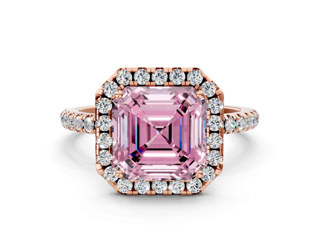 Rose gold Fancy Pink Asscher  Cut Diamond Floral Halo Engagement Ring with Pavé Band and Prong Setting_17