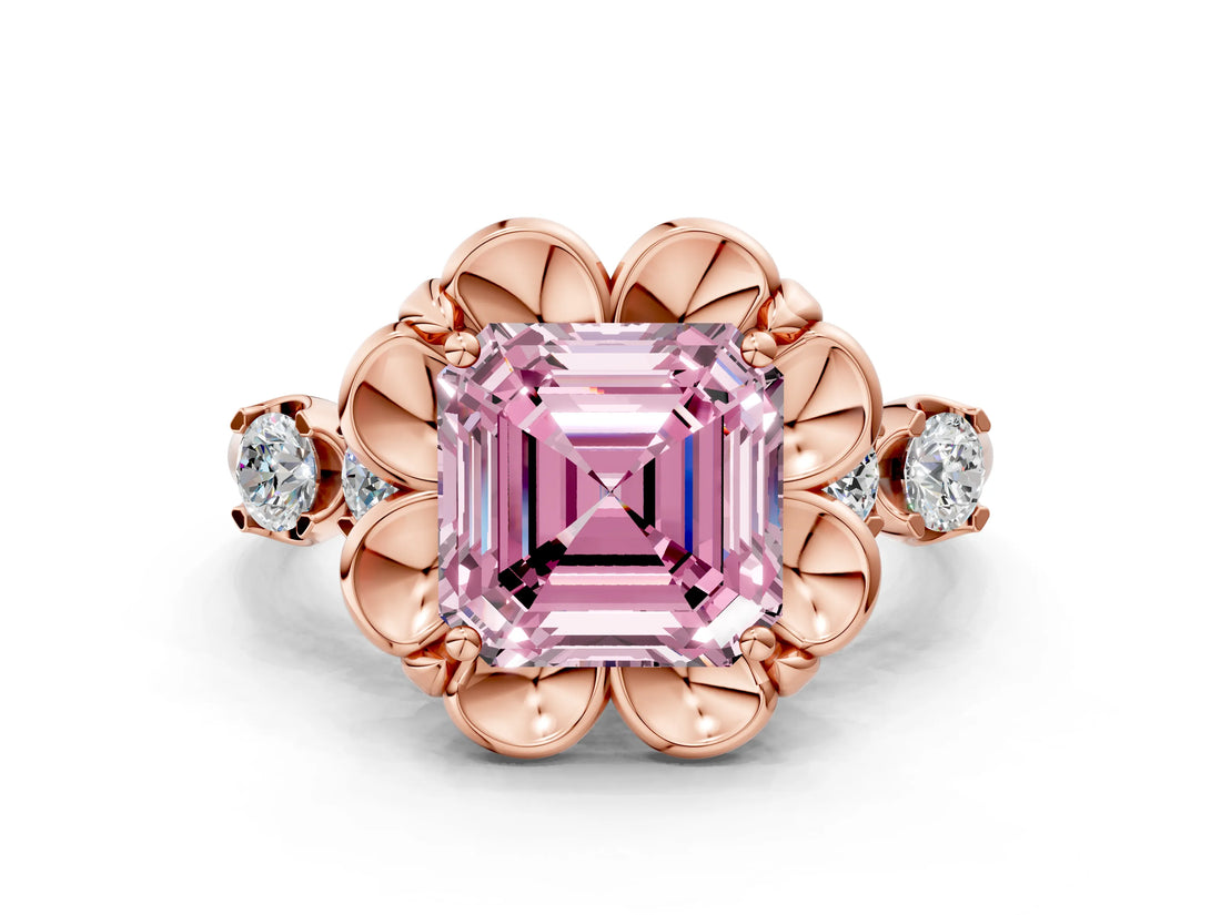 Rose gold Fancy Pink Asscher  Cut Diamond Floral Halo Engagement Ring with Shared Prong Setting 1