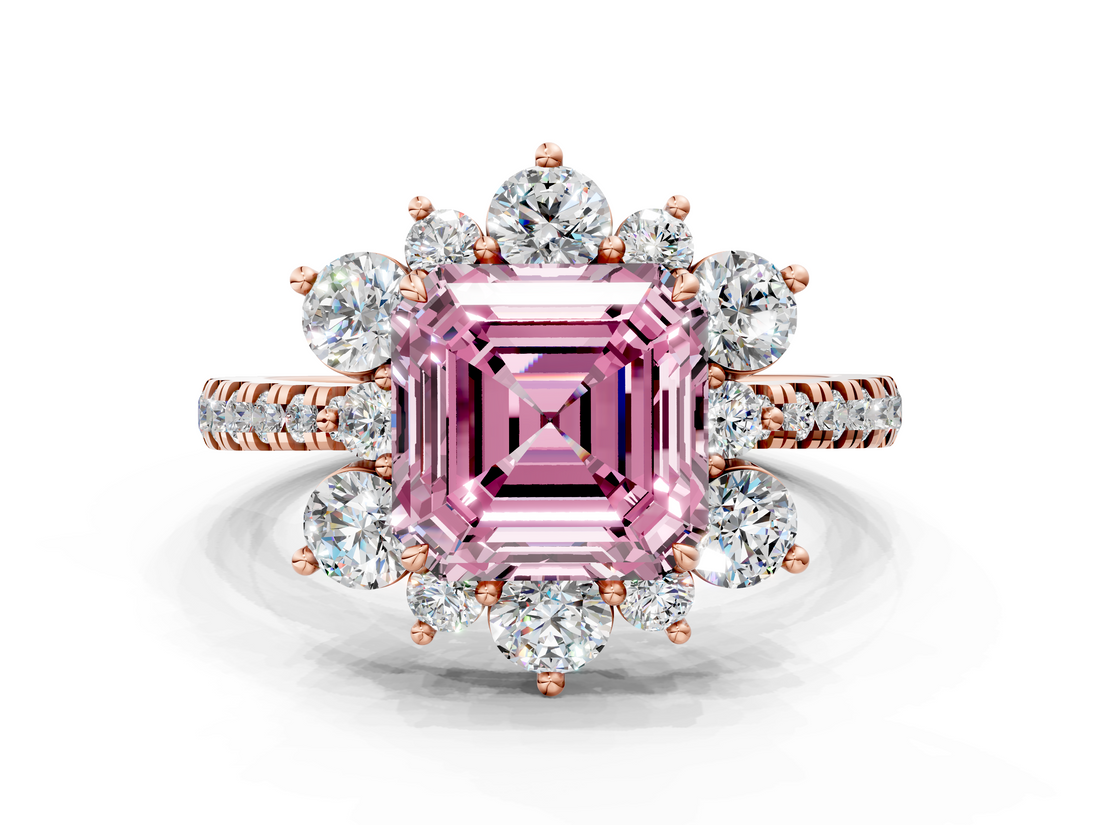 Rose gold Fancy Pink Asscher  Cut Diamond Floral Halo Pave Band with Prong Setting