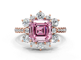 Rose gold Fancy Pink Asscher  Cut Diamond Floral Halo Pave Band with Prong Setting