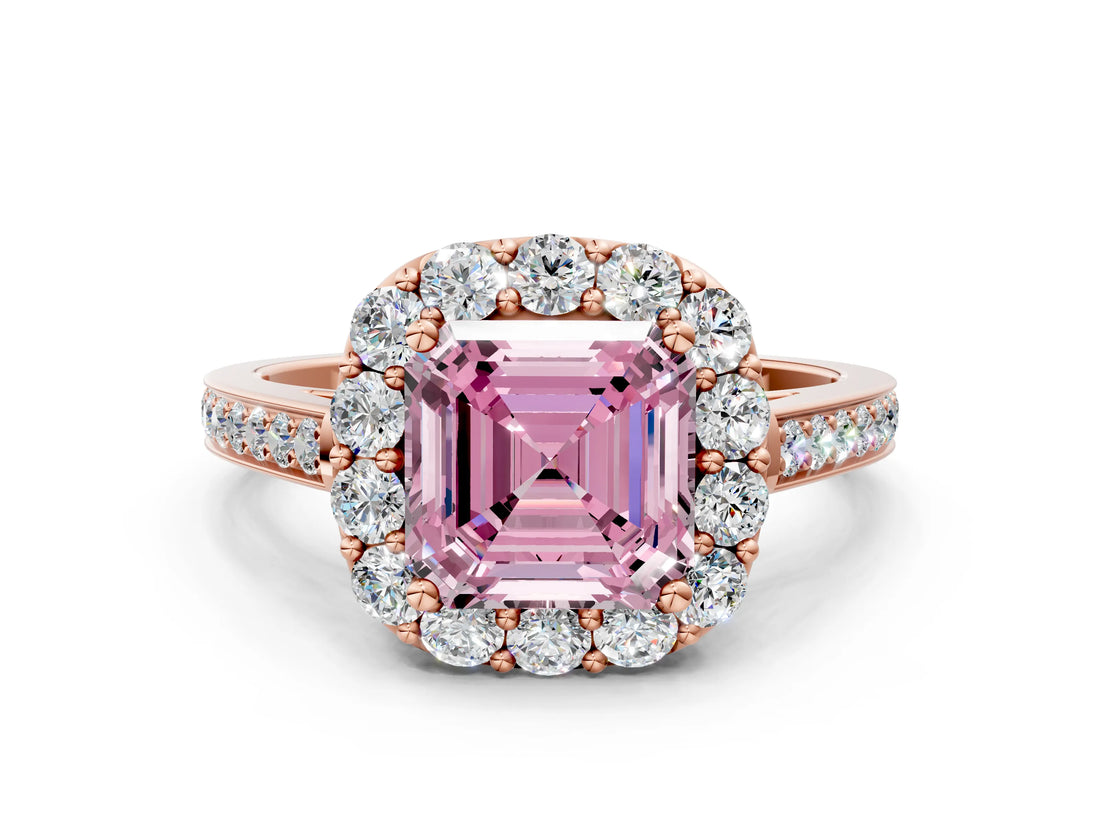 Rose gold Fancy Pink Asscher Cut Diamond Floral Halo Ring with Pavé Band and Prong Setting_3