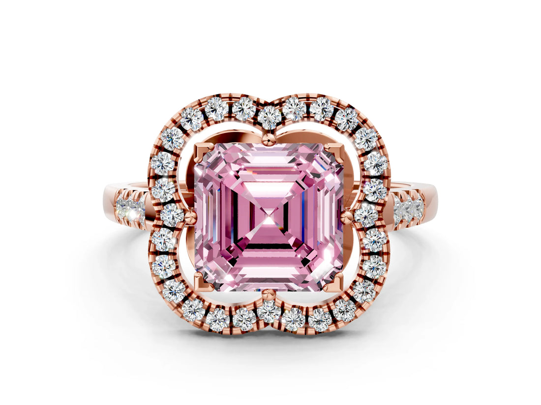 Rose gold Fancy Pink Asscher Cut Diamond Floral Halo Split Shank Prong Setting Ring
