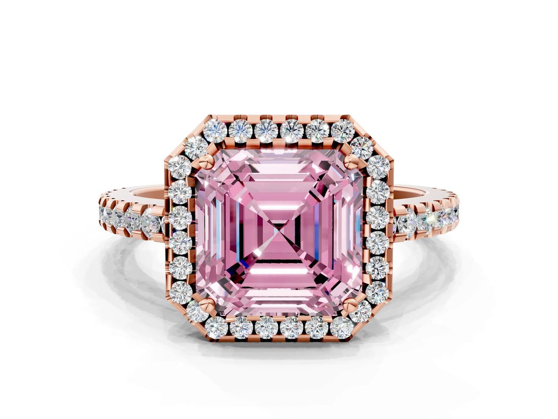 Rose gold Fancy Pink Asscher Cut Diamond Halo Engagement Ring with Pavé Band and Prong Setting_27