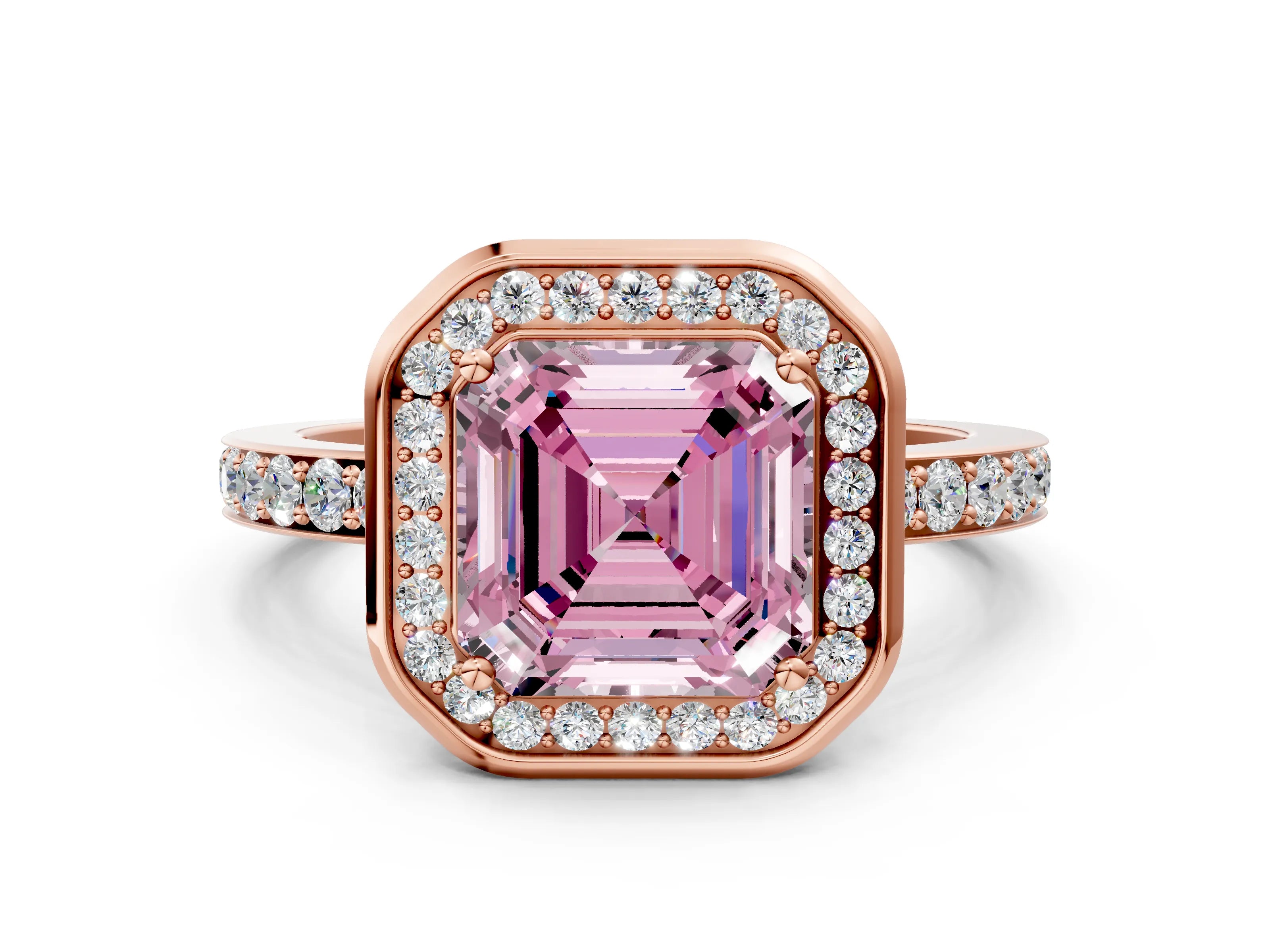 Rose gold Fancy Pink Asscher Cut Diamond Halo Ring with Bezel Frame and Pavé Band