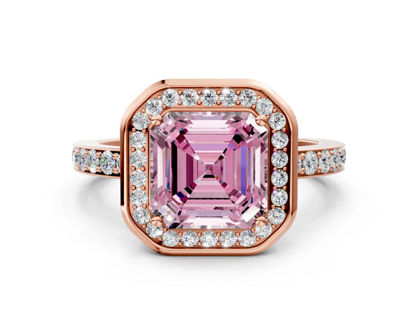 Rose Gold Asscher Cut Pave Bezel-Rim Halo Engagement Ring Setting for Fancy Pink Center