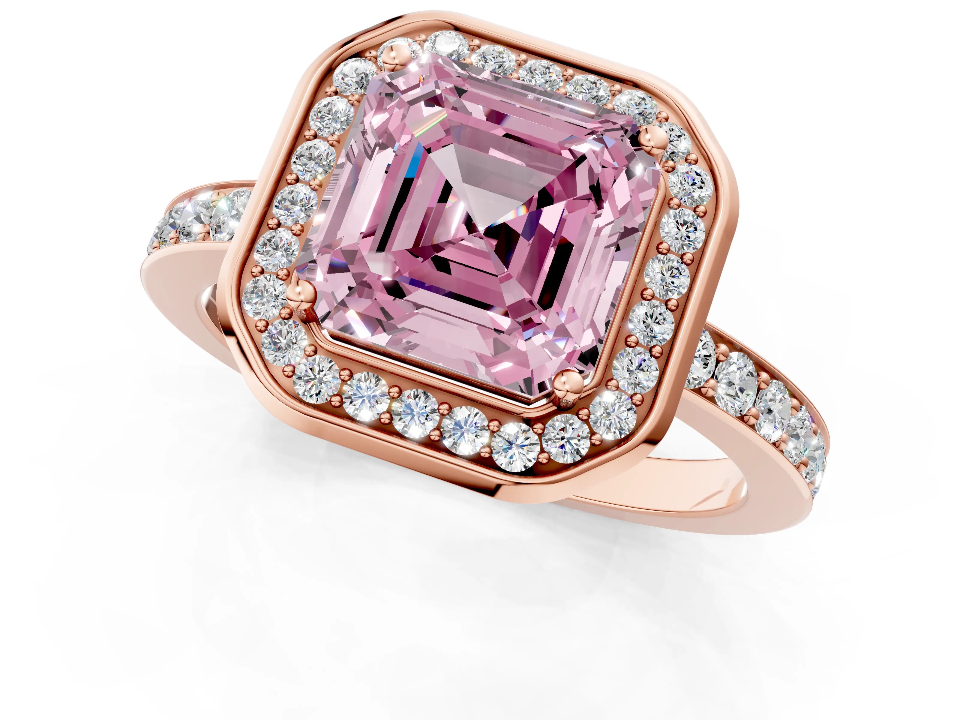 Rose gold Fancy Pink Asscher Cut Diamond Halo Ring with Bezel Frame and Pavé Band_1