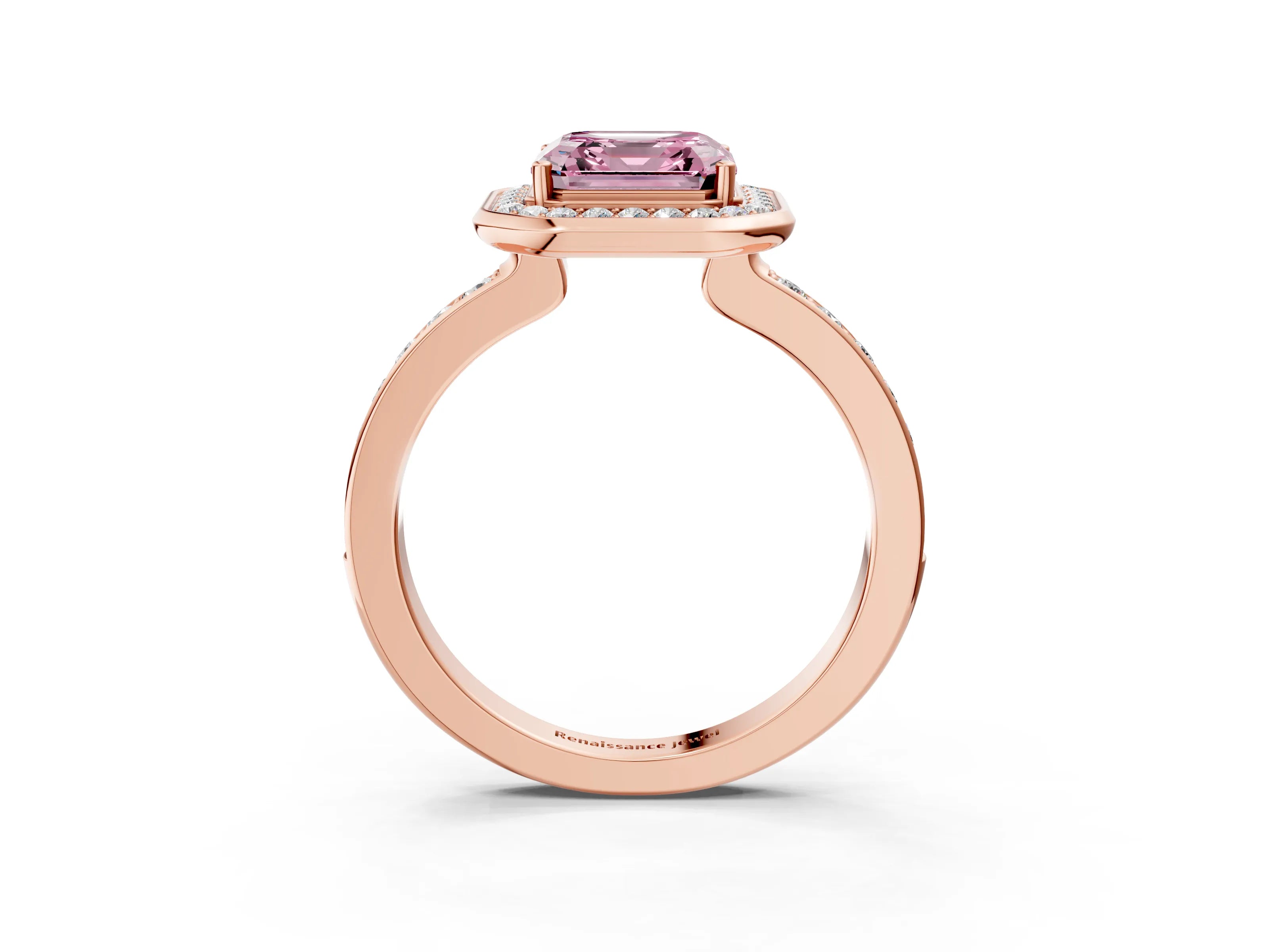 Rose gold Fancy Pink Asscher Cut Diamond Halo Ring with Bezel Frame and Pavé Band_3
