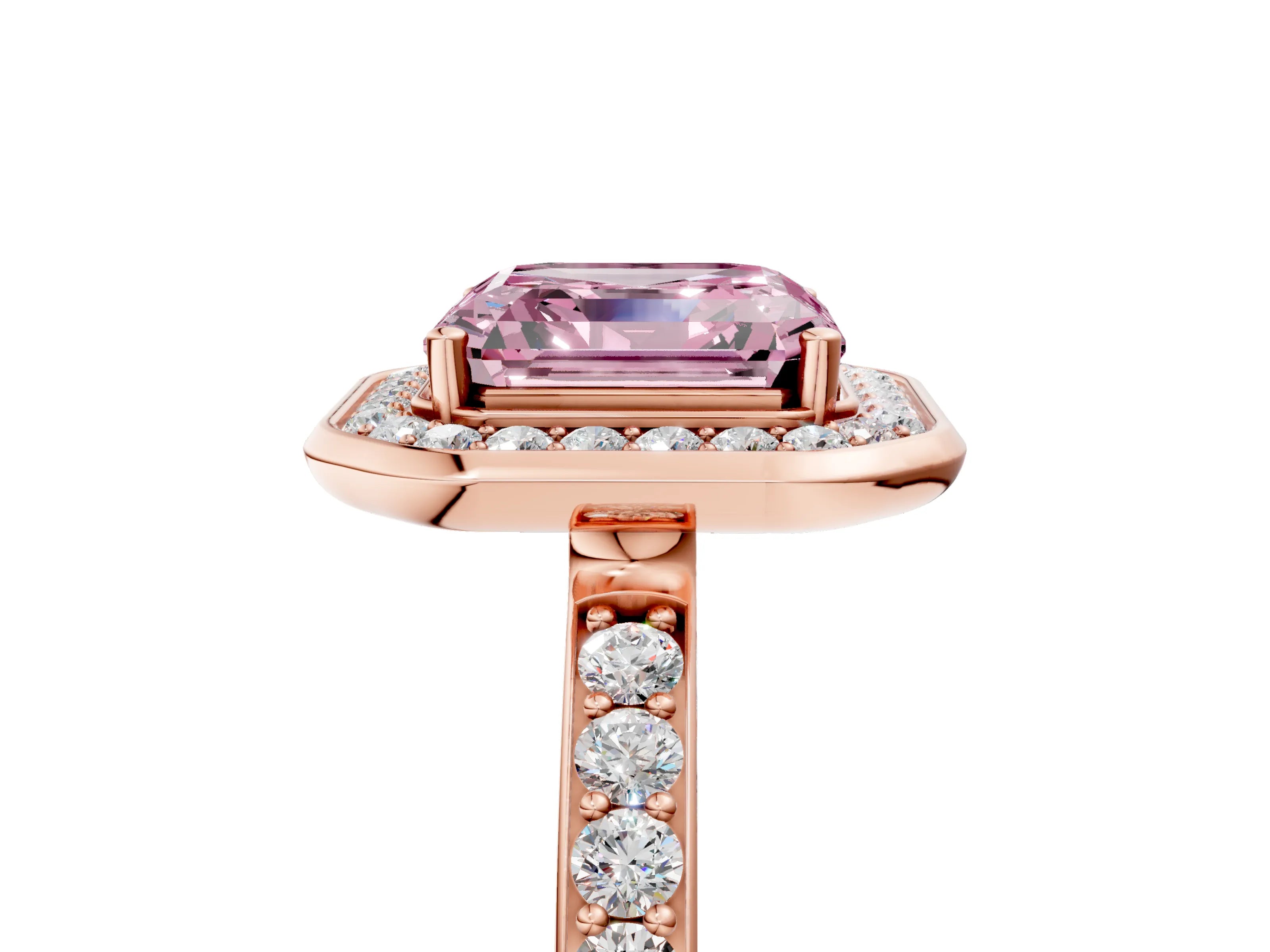 Rose gold Fancy Pink Asscher Cut Diamond Halo Ring with Bezel Frame and Pavé Band_5