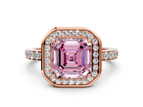 Rose gold Fancy Pink Asscher Cut Diamond Halo Ring with Bezel Frame and Pavé Band