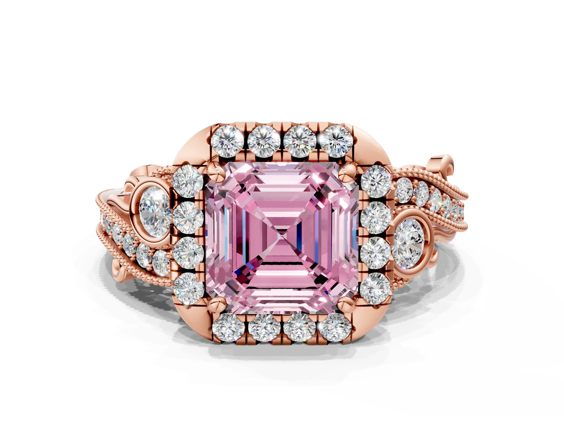Rose gold Fancy Pink Asscher Cut Diamond Halo Ring with Milgrain Pavé Band and Four-Prong Setting_141