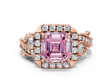 Rose gold Fancy Pink Asscher Cut Diamond Halo Ring with Milgrain Pavé Band and Four-Prong Setting_141