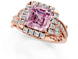 Rose gold Fancy Pink Asscher Cut Diamond Halo Ring with Milgrain Pavé Band and Four-Prong Setting_142