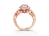 Rose gold Fancy Pink Asscher Cut Diamond Halo Ring with Milgrain Pavé Band and Four-Prong Setting_144