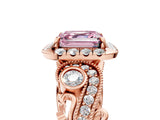 Rose gold Fancy Pink Asscher Cut Diamond Halo Ring with Milgrain Pavé Band and Four-Prong Setting_146
