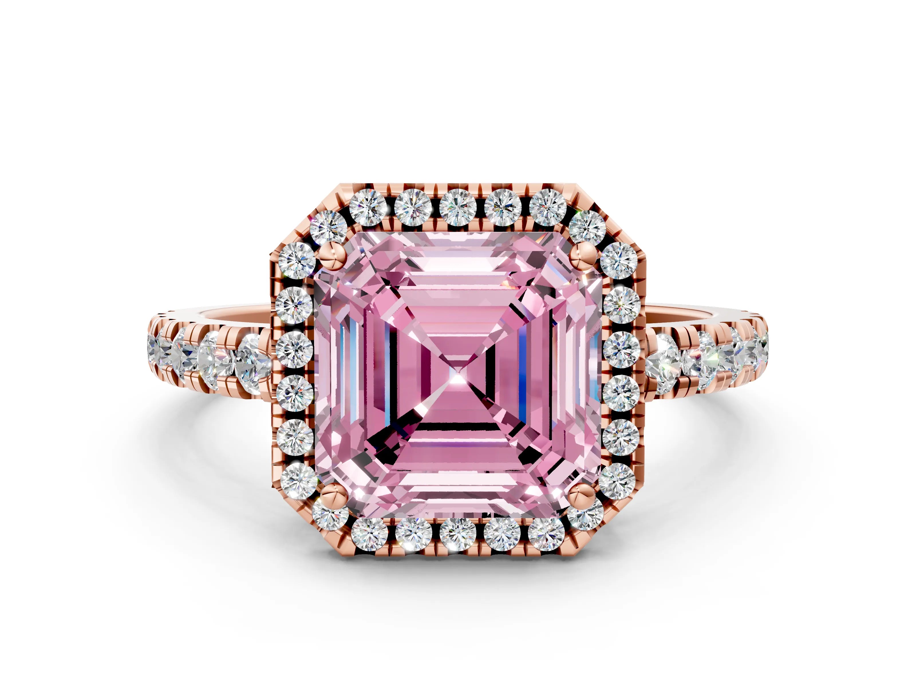 Rose gold Fancy Pink Asscher Cut Diamond Halo Ring with Pavé Band and Four-Prong Setting