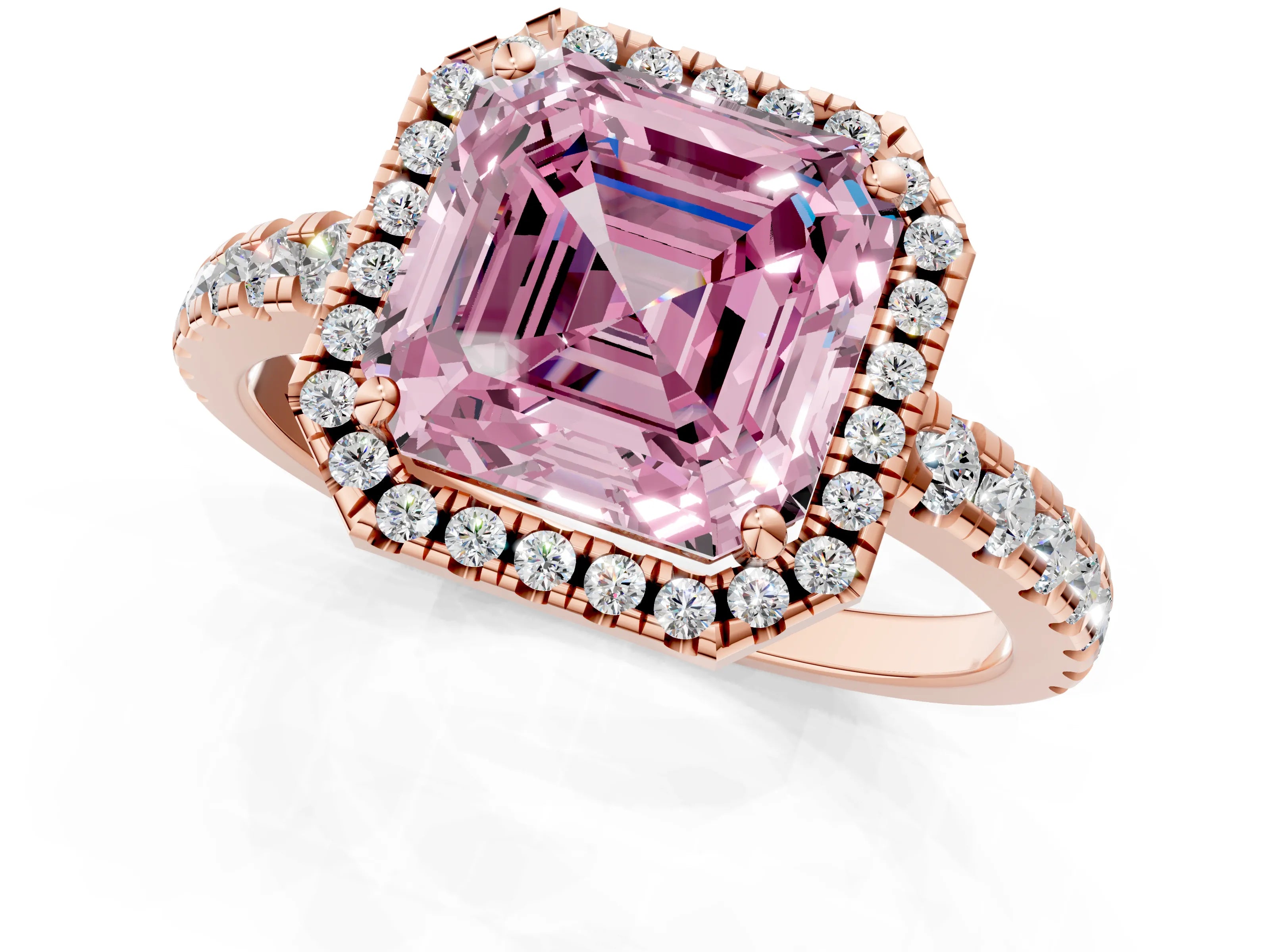 Rose gold Fancy Pink Asscher Cut Diamond Halo Ring with Pavé Band and Four-Prong Setting_1
