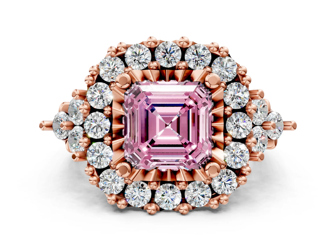 Rose gold Fancy Pink Asscher Cut Diamond Halo Ring with Pavé Band and Four-Prong Setting_17