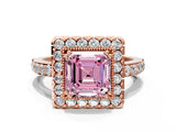 Rose gold Fancy Pink Asscher Cut Diamond Halo Ring with Pavé Band and Prong Setting
