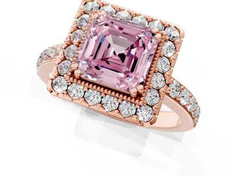 Rose gold Fancy Pink Asscher Cut Diamond Halo Ring with Pavé Band and Prong Setting_1