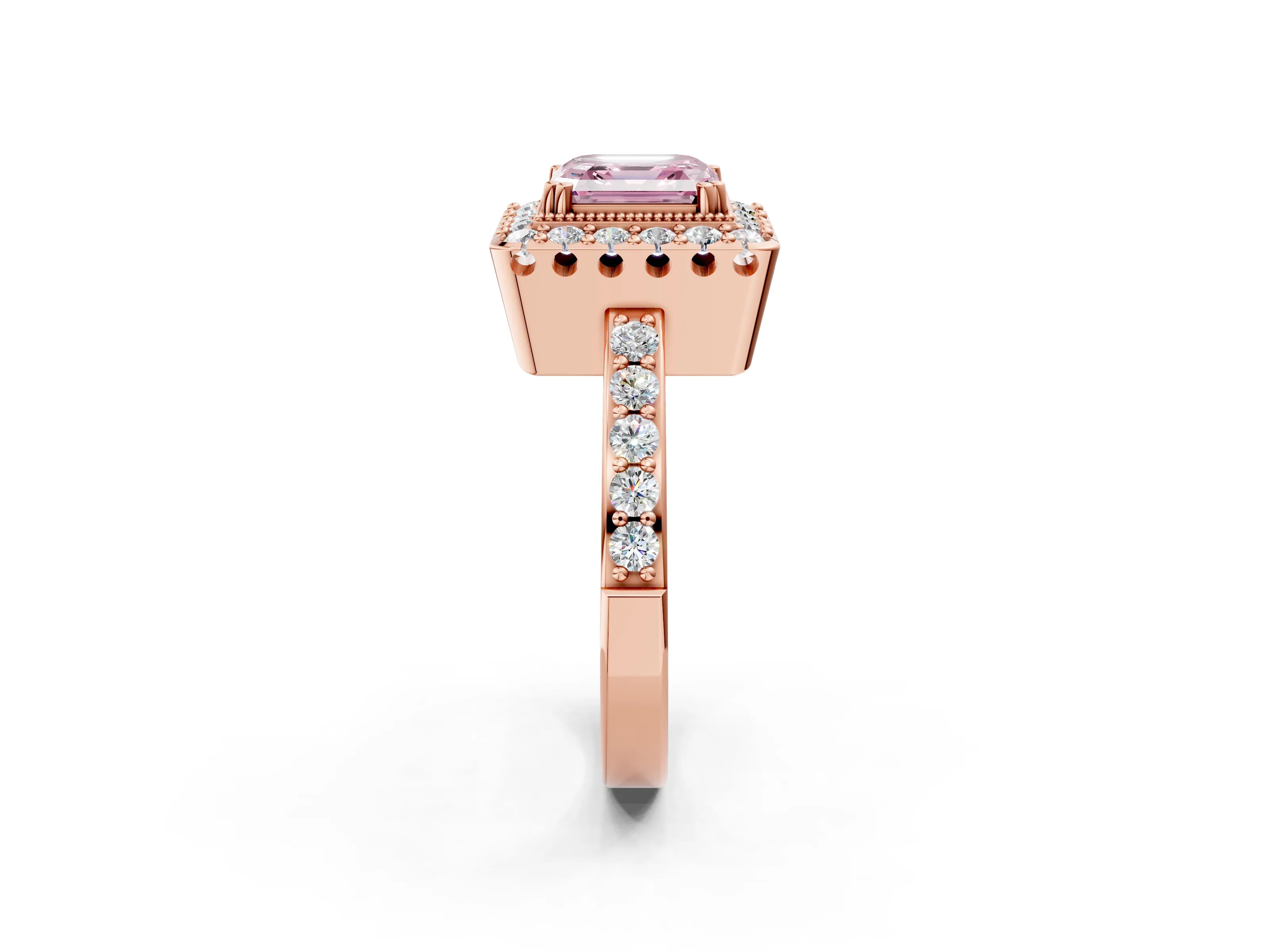 Rose gold Fancy Pink Asscher Cut Diamond Halo Ring with Pavé Band and Prong Setting_2