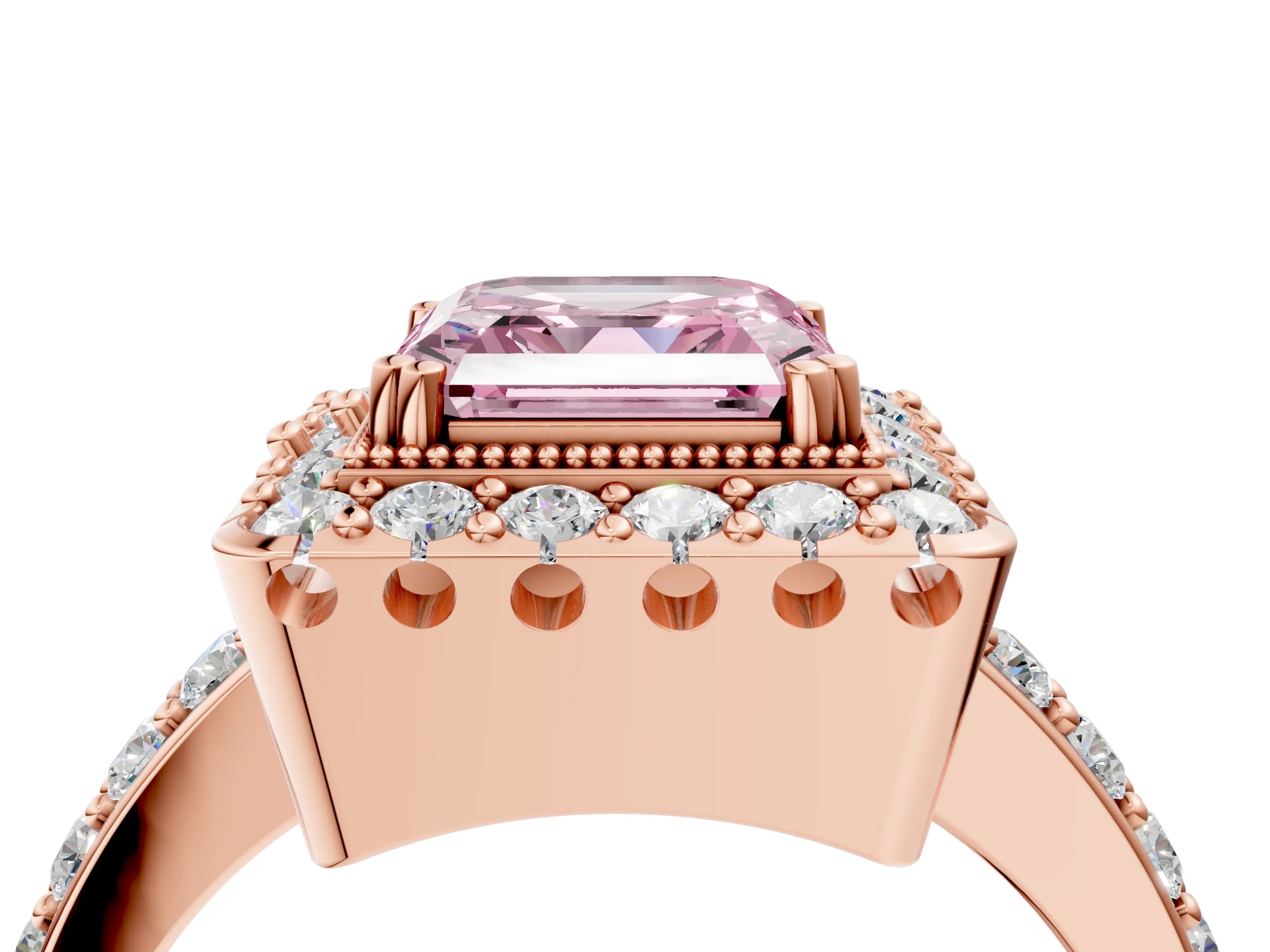 Rose gold Fancy Pink Asscher Cut Diamond Halo Ring with Pavé Band and Prong Setting_4